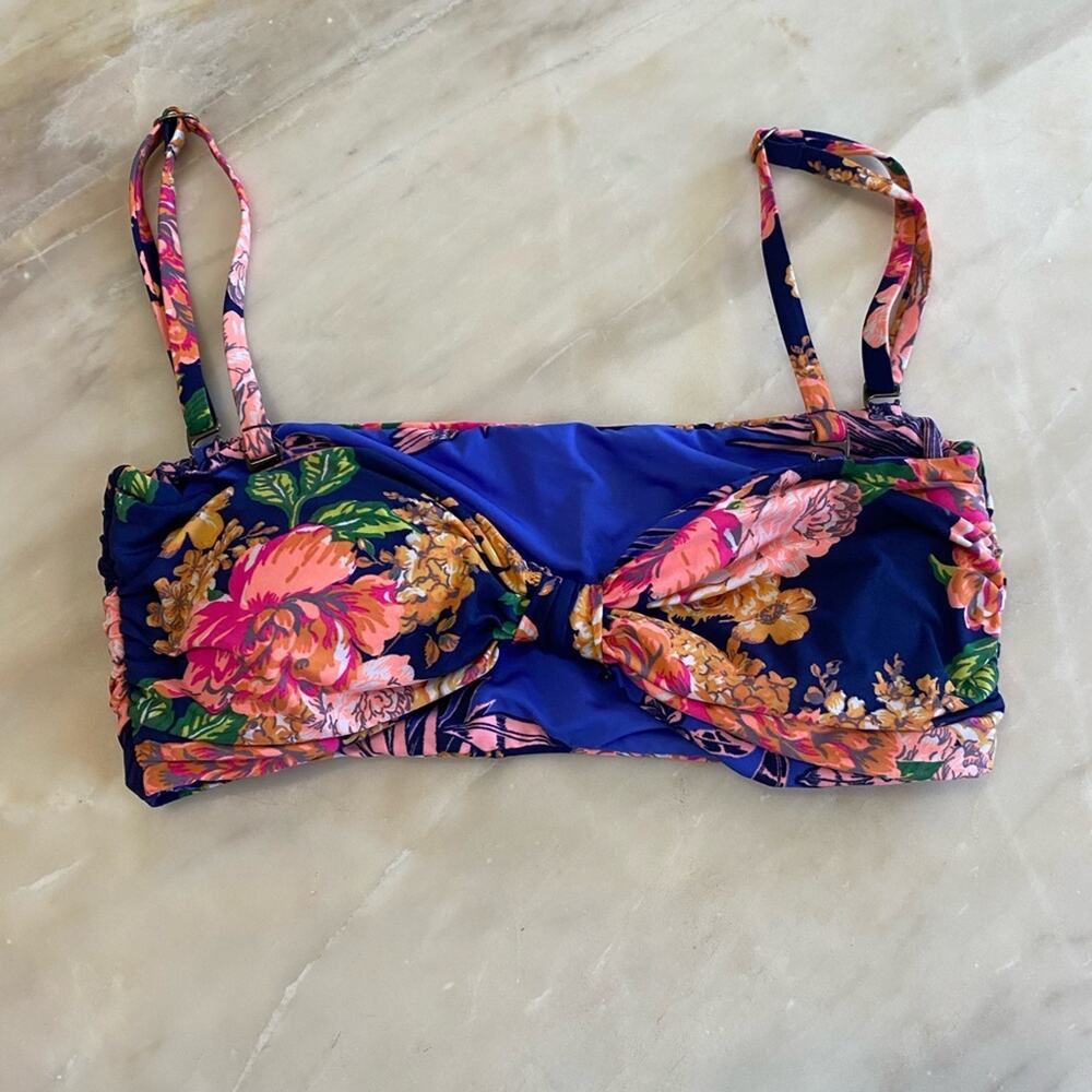 maaji peony ebony reversible Floral Bandeau Bikini Top in Navy & Pink parrot XS